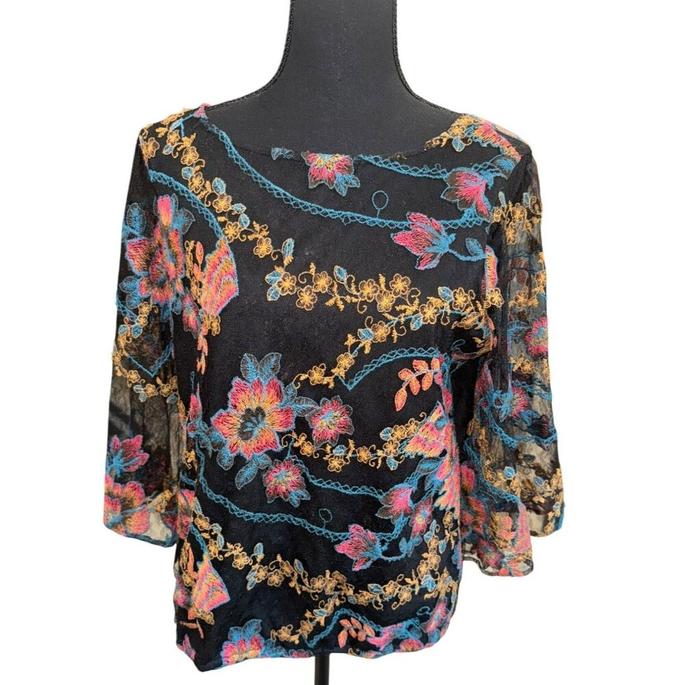 Eci New York Semi Sheer Black Multi Color Floral Embroider Blouse Formal Luxury